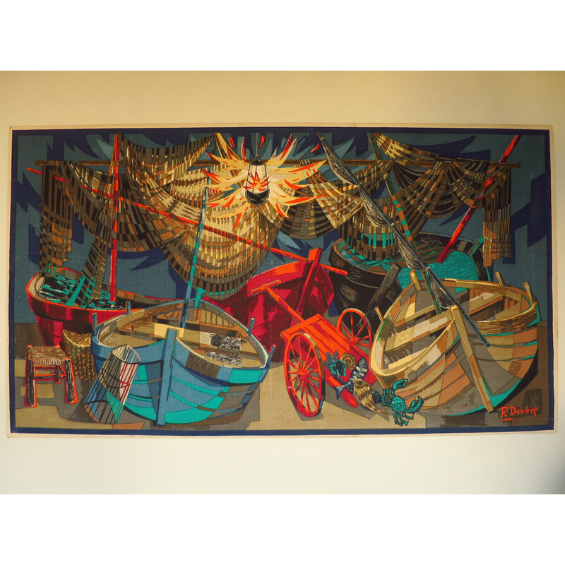 Tapeçaria Vintage "Barques et filets" de Robert Debieve, 1950