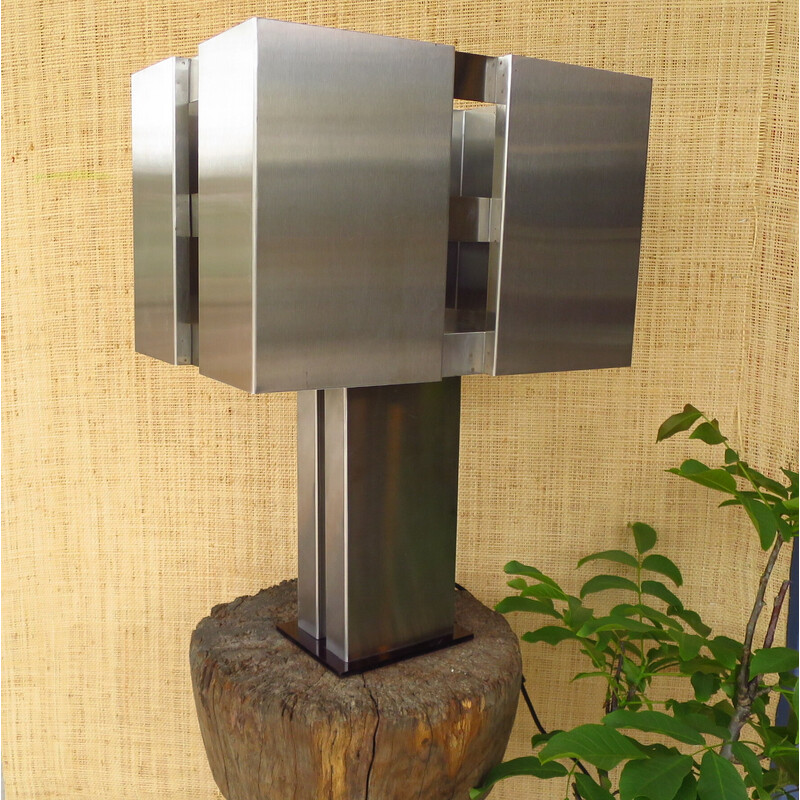 Lámpara vintage de acero inoxidable y plexiglás ahumado, 1960-1970