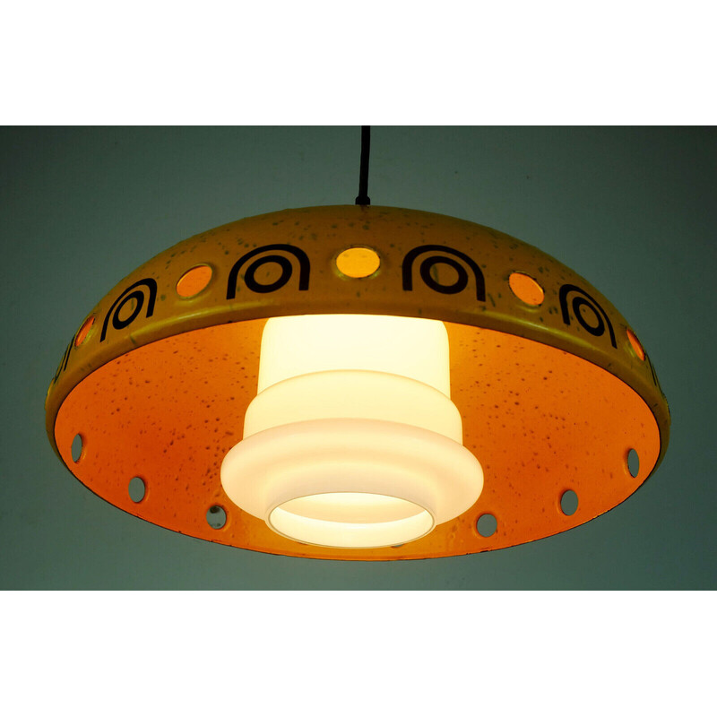 Vintage pendant lamp in enamel metal and white glass, 1960s-1970s