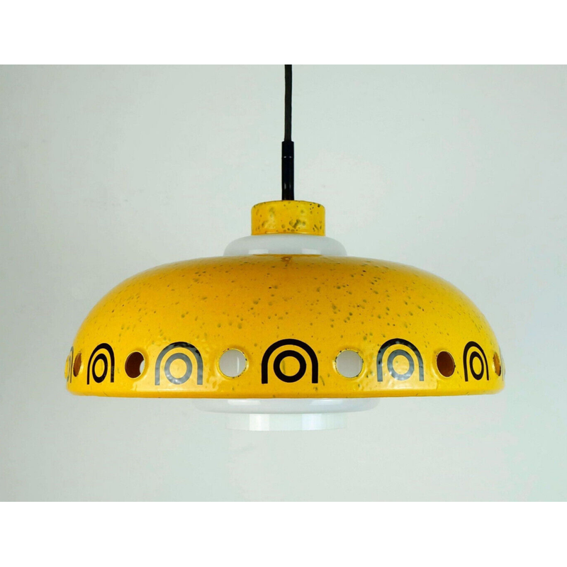 Vintage pendant lamp in enamel metal and white glass, 1960s-1970s