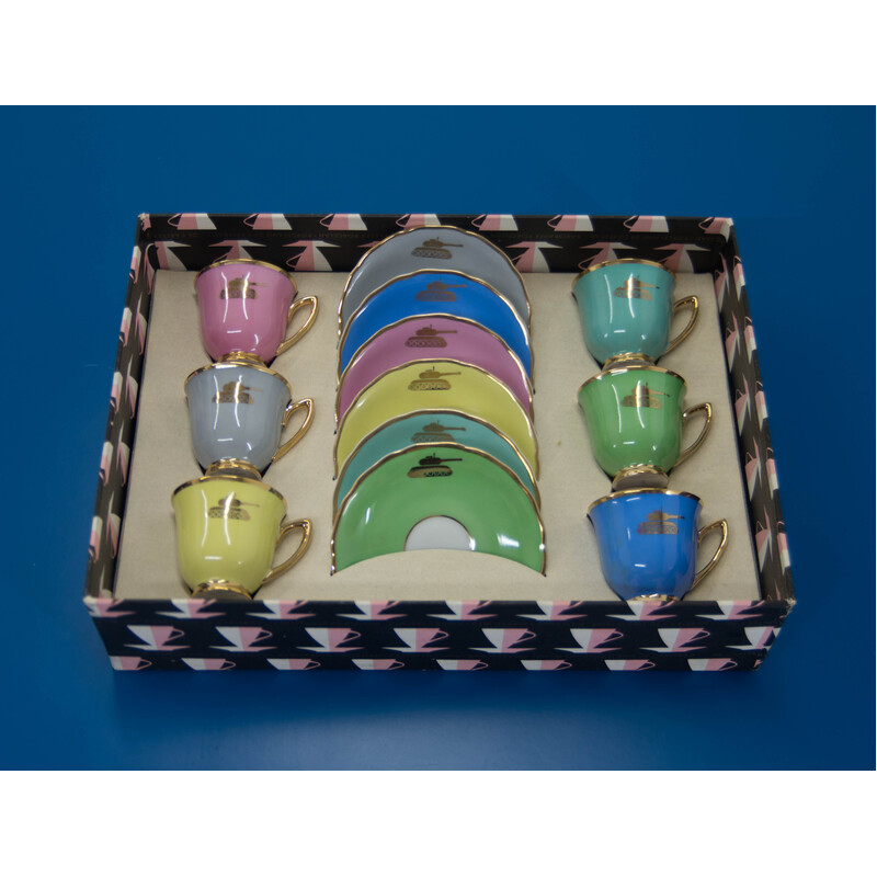 Set of 6 vintage cups and saucers with tanks, Czechoslovakia 1970s