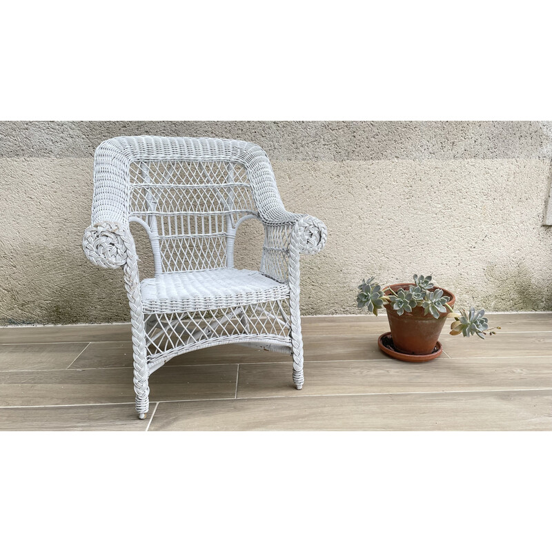 Vintage white rattan armchair, 1970-1980