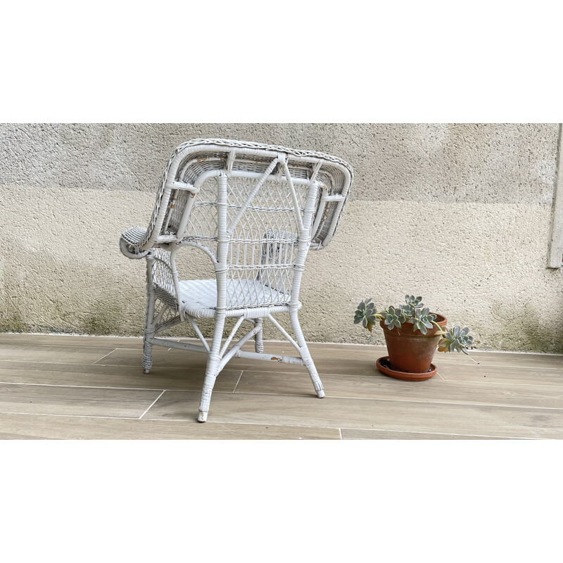 Vintage white rattan armchair, 1970-1980