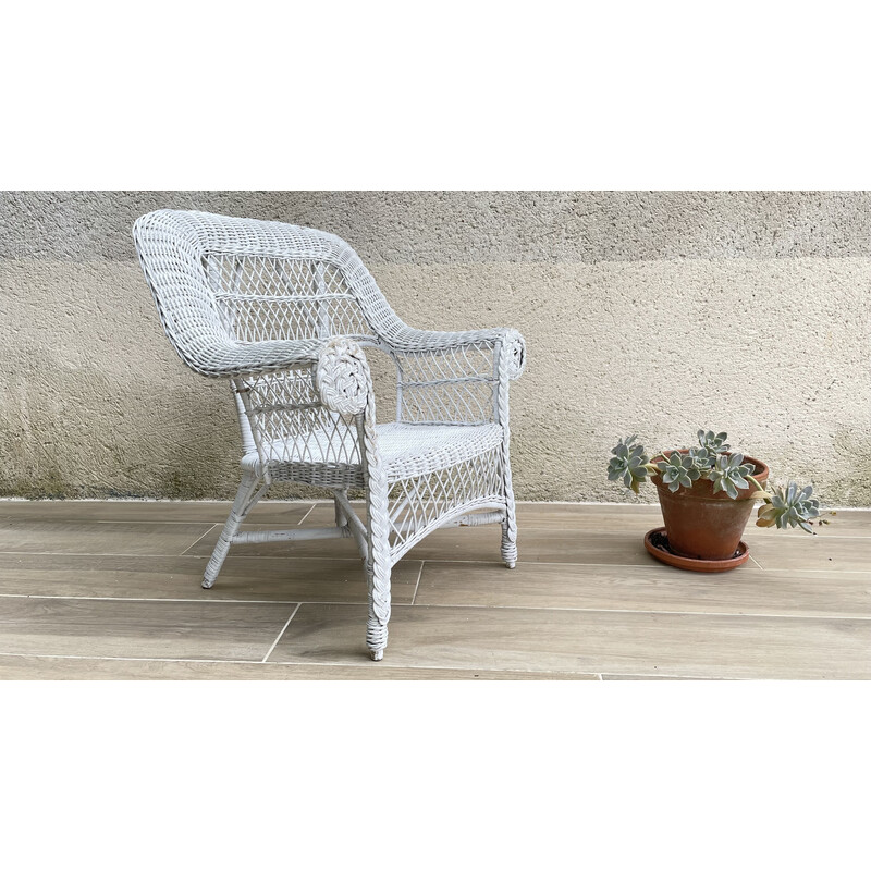 Vintage white rattan armchair, 1970-1980