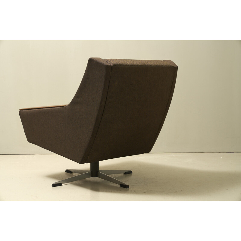 Vintage swivel armchair in wood and brown fabric