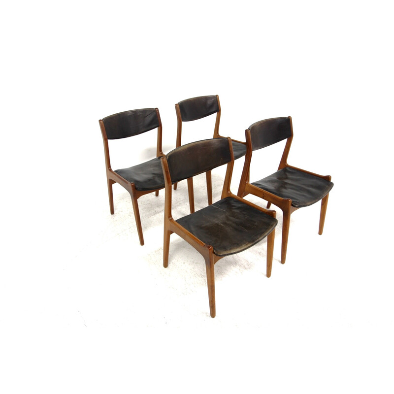 Set van 4 vintage teakhouten en lederen stoelen voor Sorø Stolefabrik, Denemarken 1960