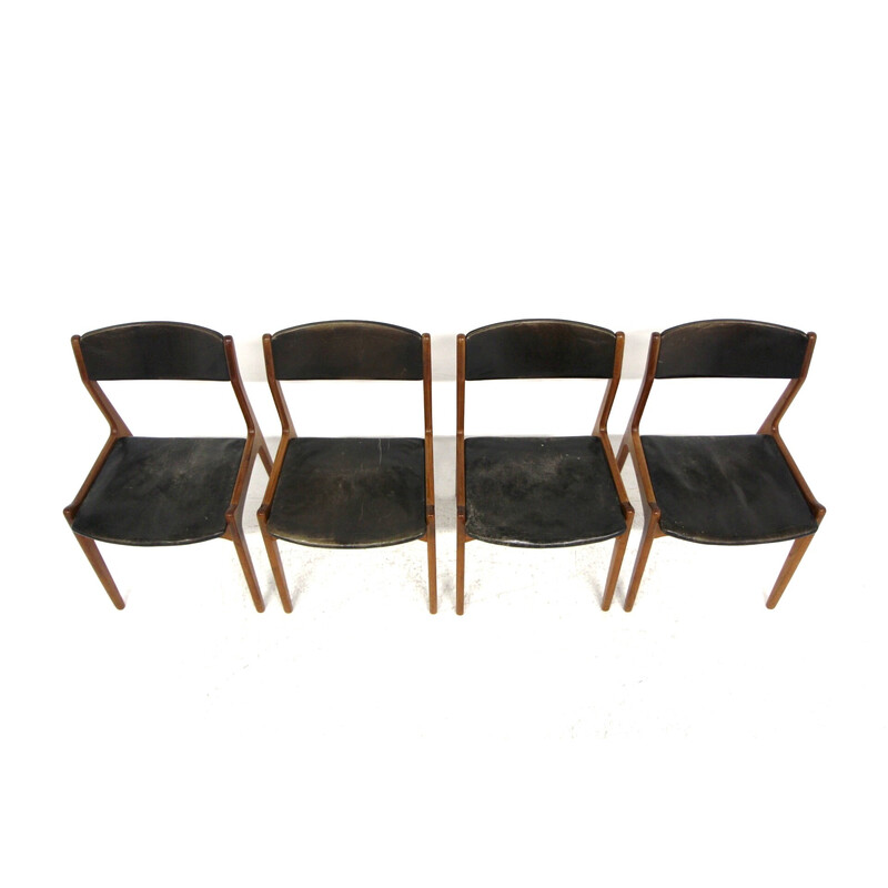 Conjunto de 4 cadeiras de teca vintage e de couro para Sorø Stolefabrik, Dinamarca 1960
