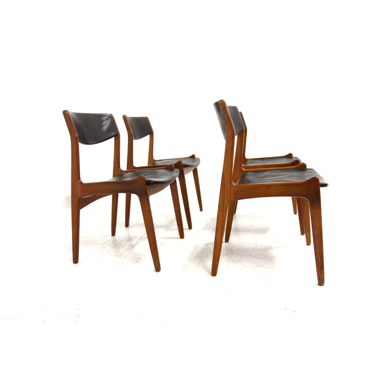 Set van 4 vintage teakhouten en lederen stoelen voor Sorø Stolefabrik, Denemarken 1960