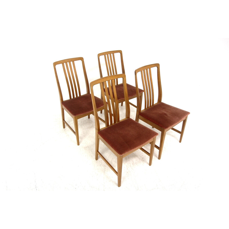 Conjunto de 4 cadeiras de nogueira e tecido vermelho vintage, Suécia 1960