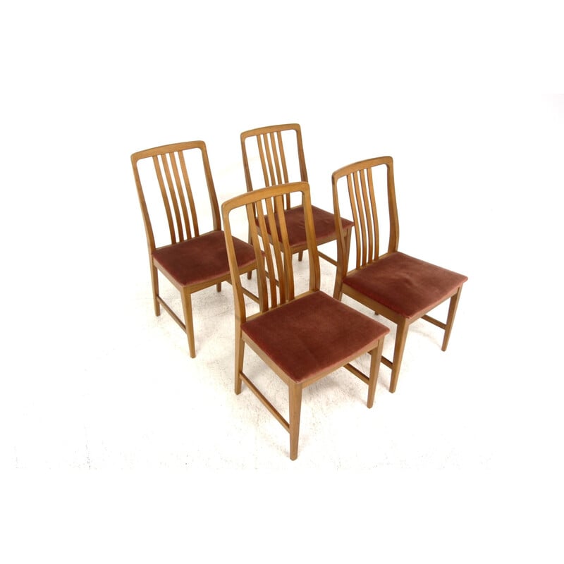 Set of 4 vintage chairs in walnut and red fabric, Sweden 1960