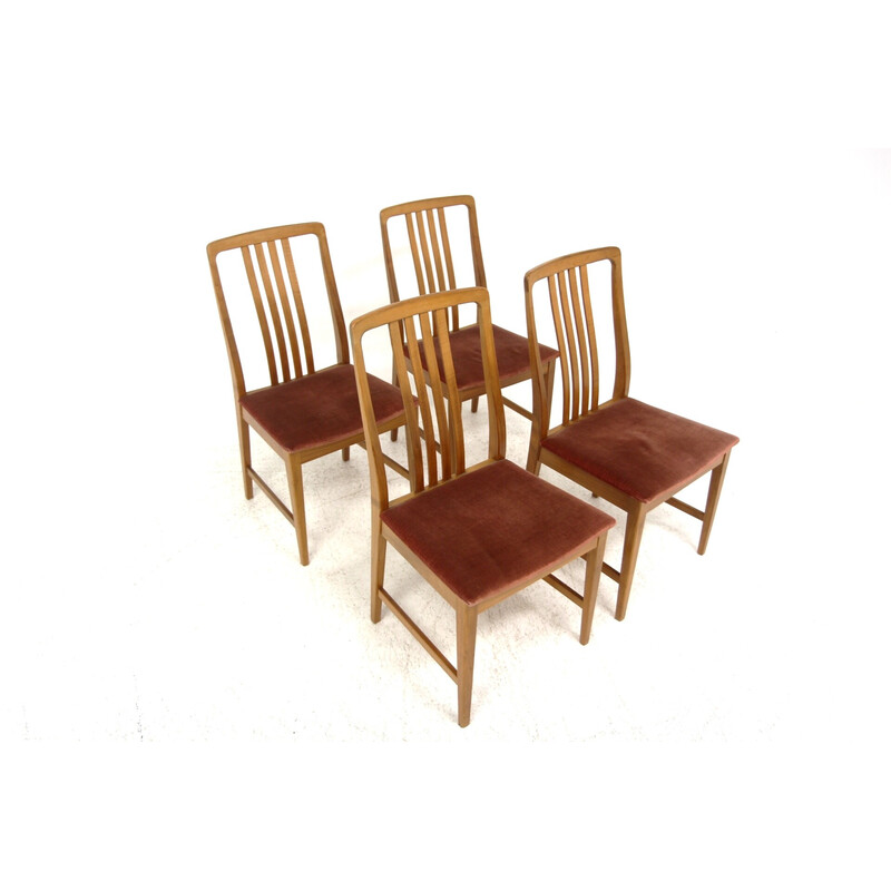 Set of 4 vintage chairs in walnut and red fabric, Sweden 1960