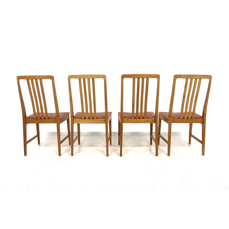 Set of 4 vintage chairs in walnut and red fabric, Sweden 1960