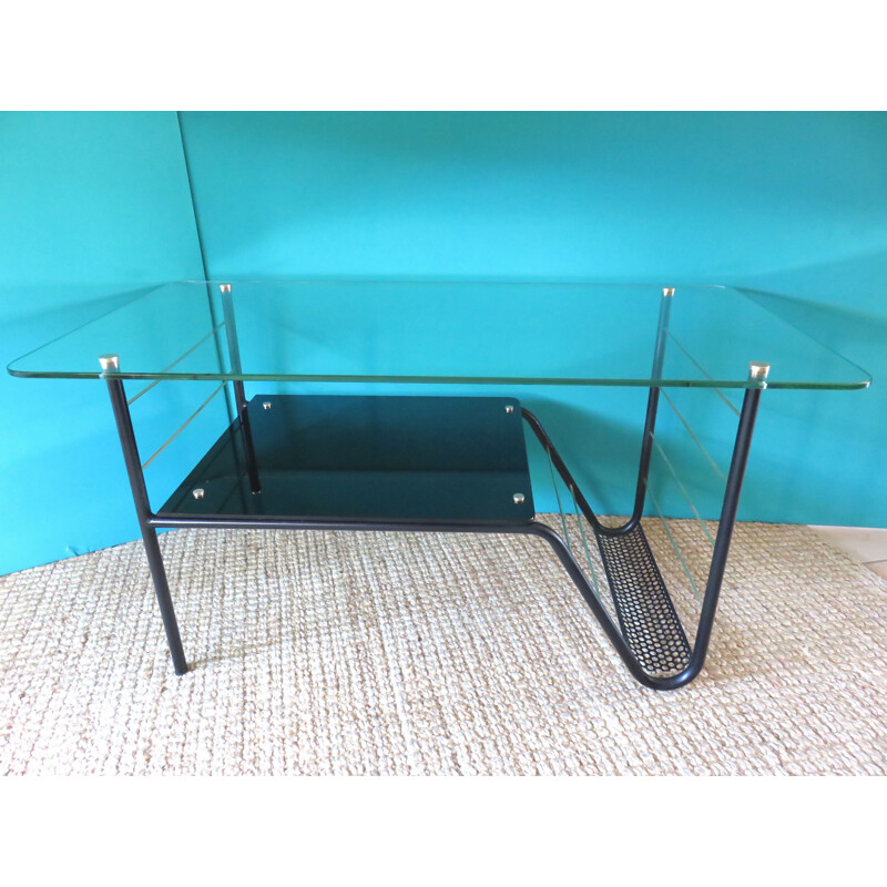 Vintage steel tube table with glass and magazine rack, 1950