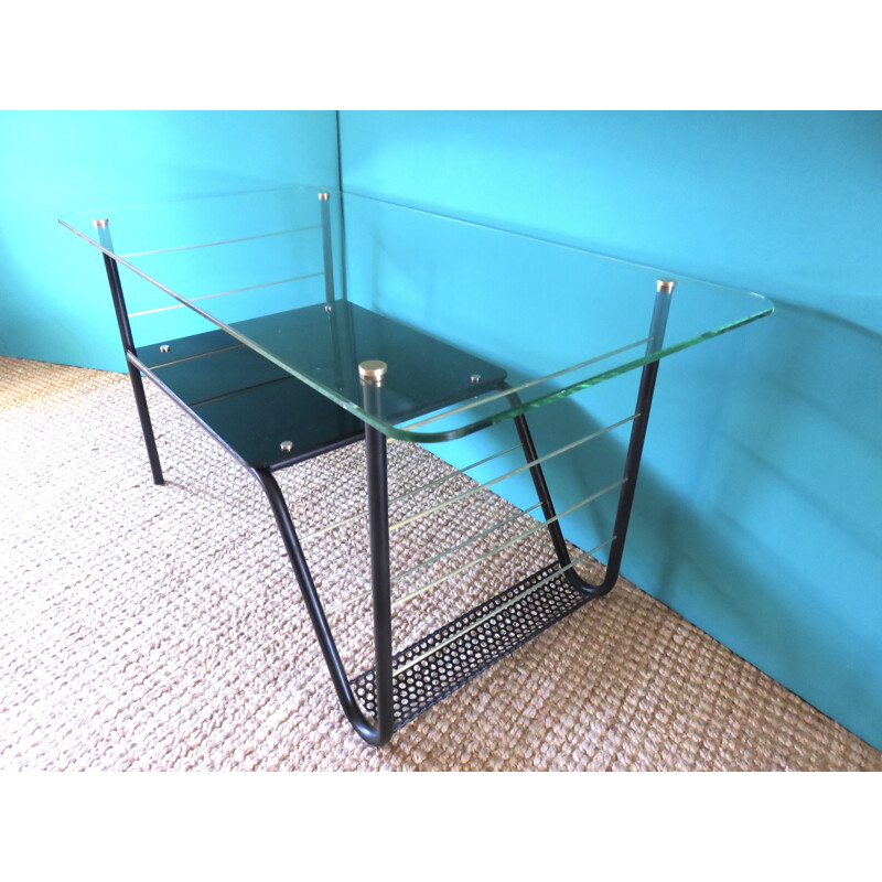 Table in steel and glass with magazine rack - 1950s