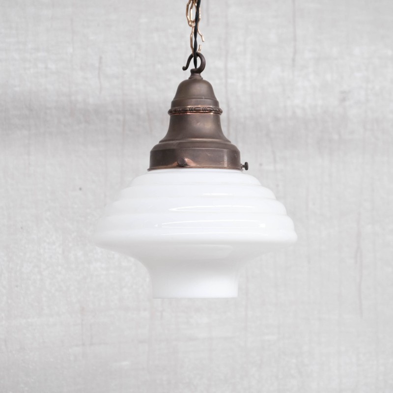 Vintage opaline and brass French pendant lamp, 1930s
