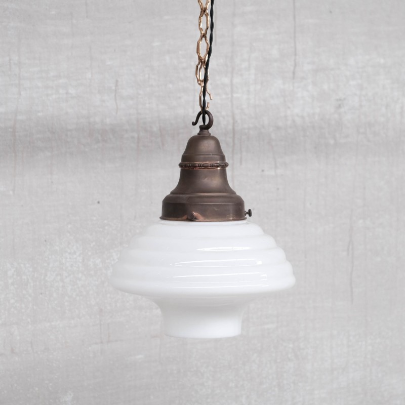 Vintage opaline and brass French pendant lamp, 1930s