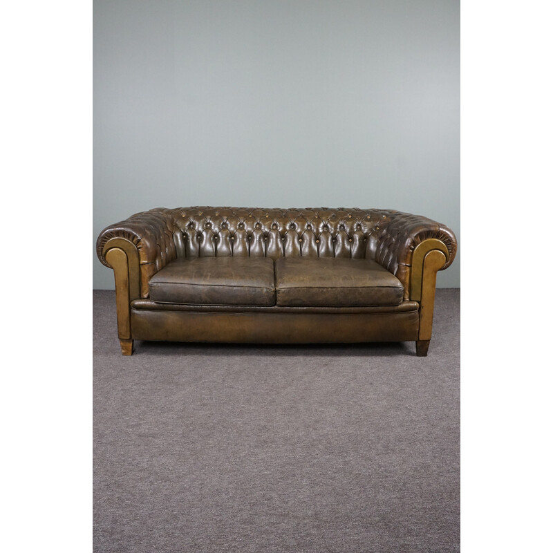 Vintage green cowhide leather Chesterfield sofa 2 seater