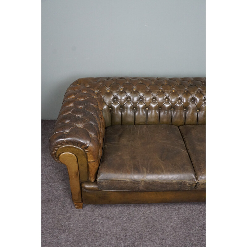 Canapé Chesterfield vintage 2 places en cuir de vachette vert