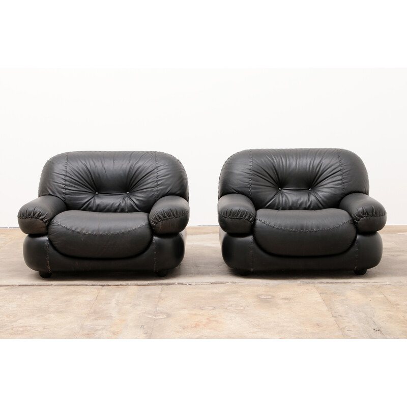 Pair of vintage armchairs in leather by Sapporo for Mobil Girgi, Italy 1970
