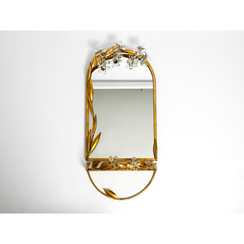 Set of vintage a floral iron wall mirror and matching shelf gold plated by Banci Firenze, Italy