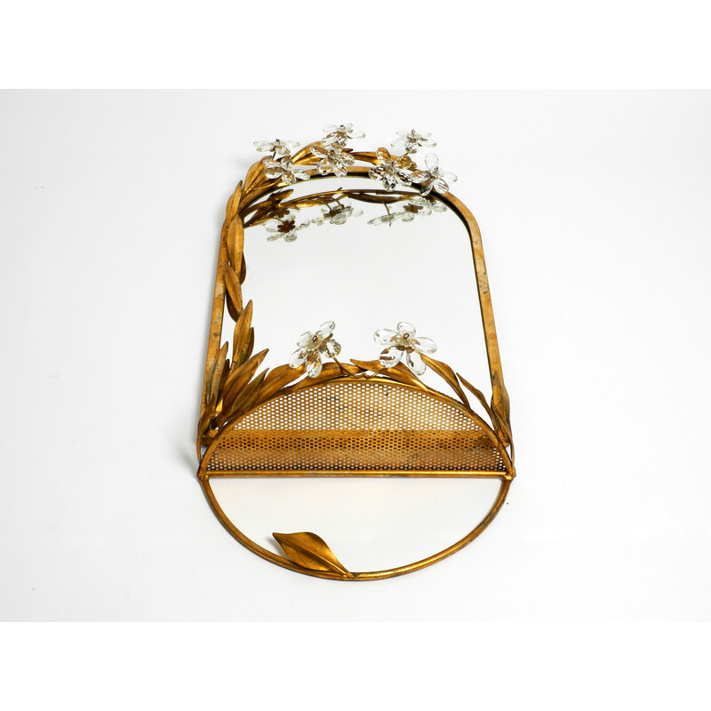 Set of vintage a floral iron wall mirror and matching shelf gold plated by Banci Firenze, Italy