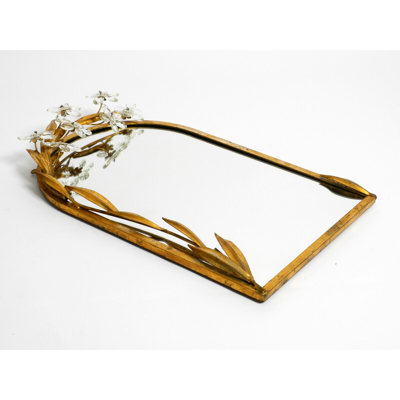 Set of vintage a floral iron wall mirror and matching shelf gold plated by Banci Firenze, Italy