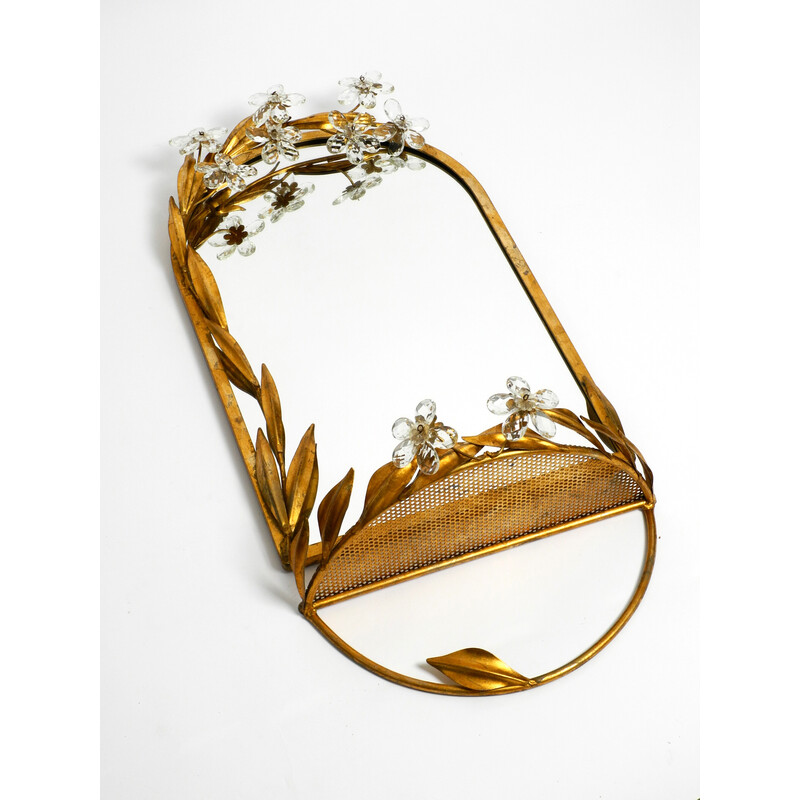 Set of vintage a floral iron wall mirror and matching shelf gold plated by Banci Firenze, Italy