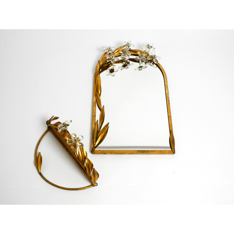 Set of vintage a floral iron wall mirror and matching shelf gold plated by Banci Firenze, Italy