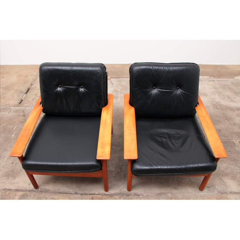 Pareja de sillones Relax vintage en cuero negro y madera, años 60