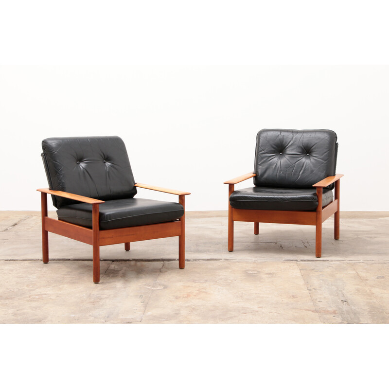 Pareja de sillones Relax vintage en cuero negro y madera, años 60