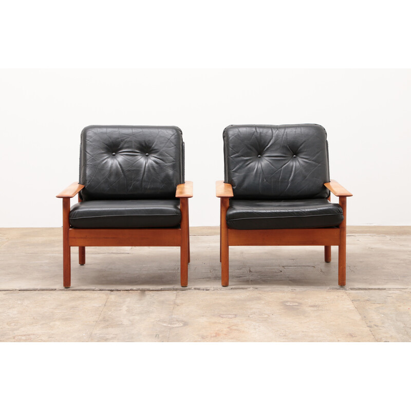 Pair of vintage black Relax armchairs in black leather and wood, 1960s