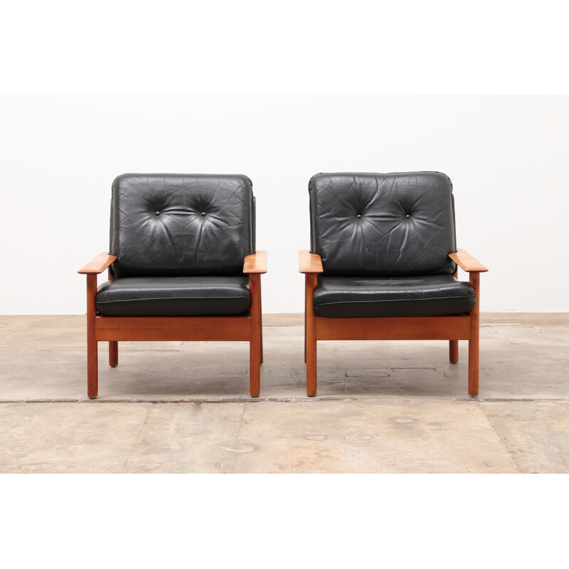 Pareja de sillones Relax vintage en cuero negro y madera, años 60