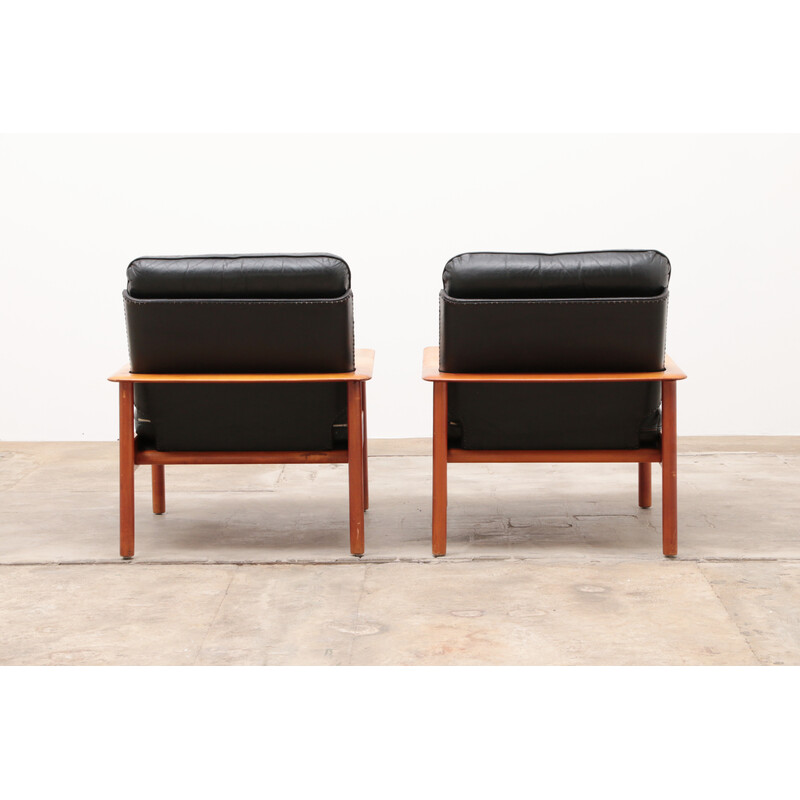 Pareja de sillones Relax vintage en cuero negro y madera, años 60