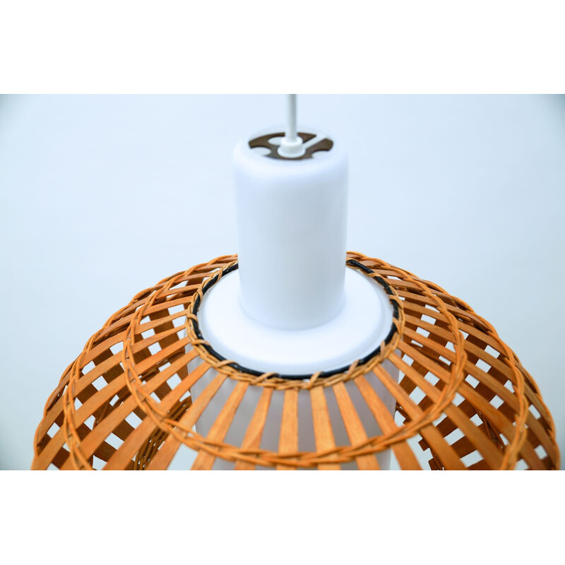 Vintage opaline glass and wicker pendant lamp, 1960s