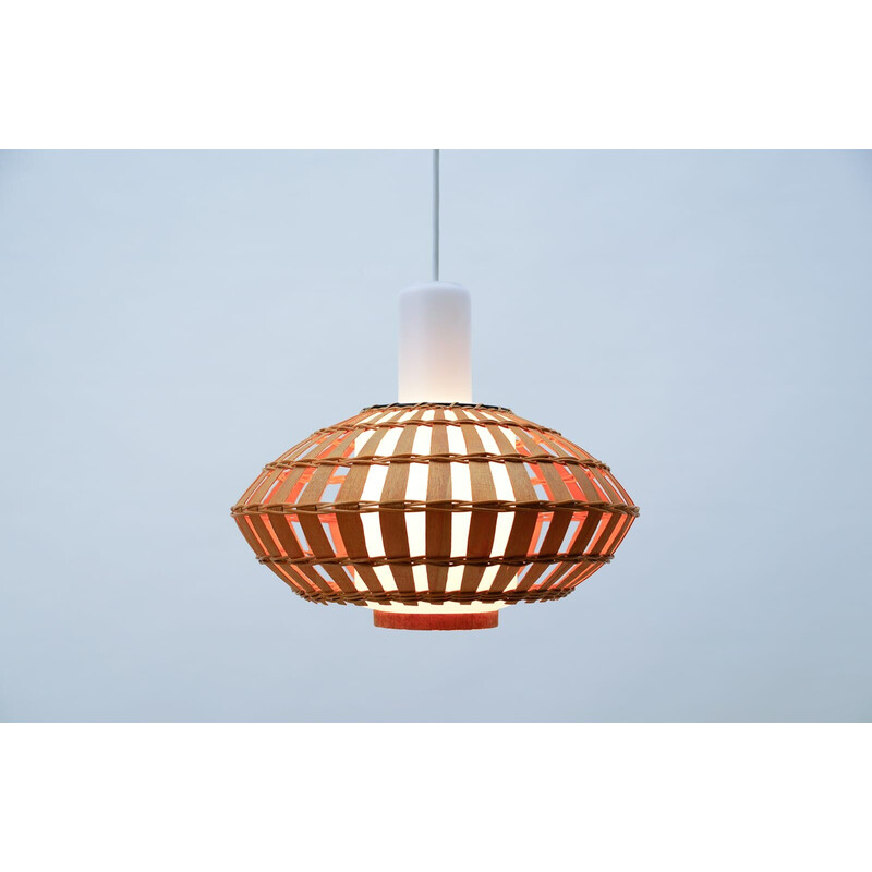 Vintage opaline glass and wicker pendant lamp, 1960s