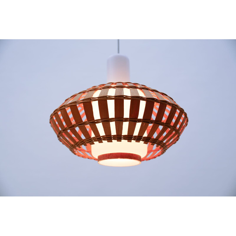 Vintage opaline glass and wicker pendant lamp, 1960s