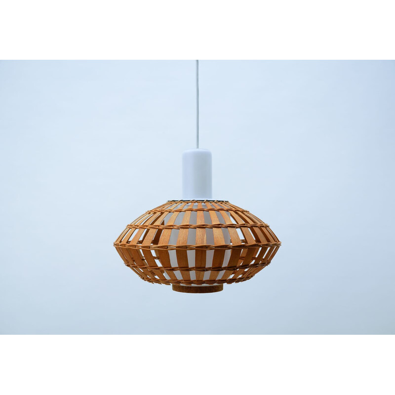 Vintage opaline glass and wicker pendant lamp, 1960s