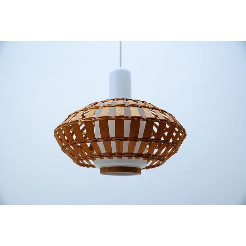 Vintage opaline glass and wicker pendant lamp, 1960s