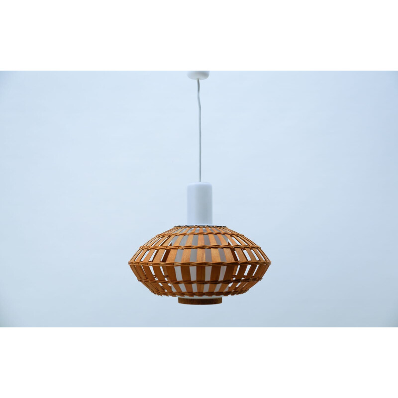 Vintage opaline glass and wicker pendant lamp, 1960s