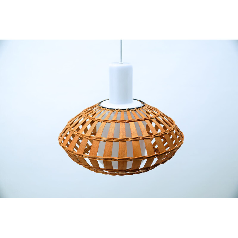 Vintage opaline glass and wicker pendant lamp, 1960s