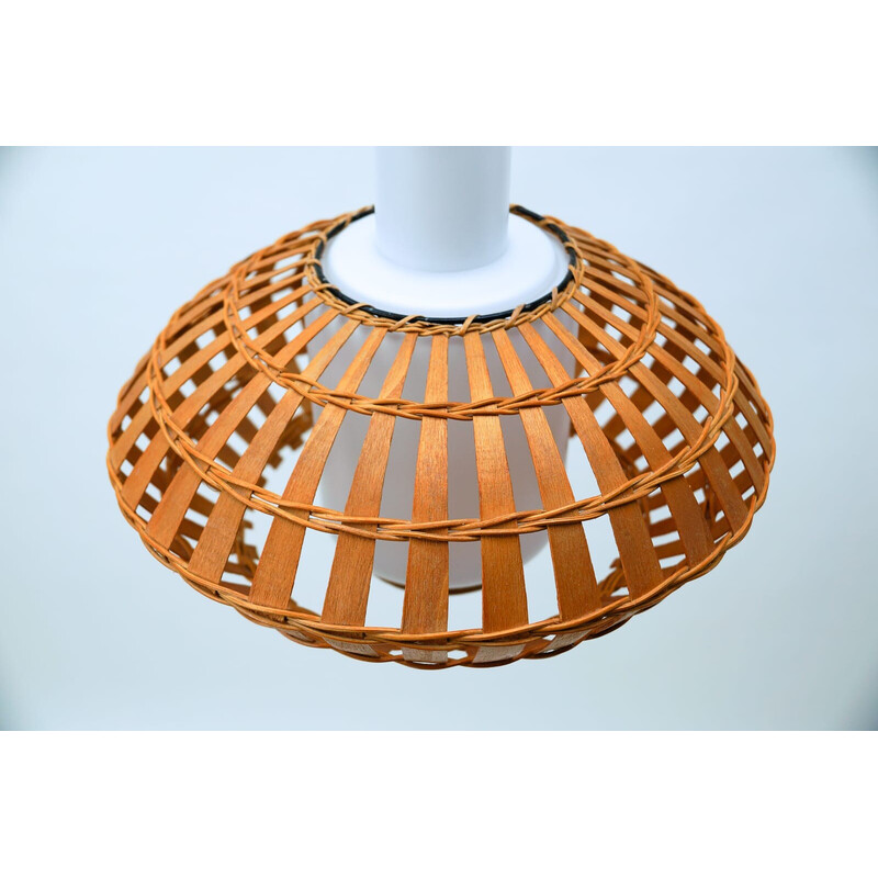 Vintage opaline glass and wicker pendant lamp, 1960s