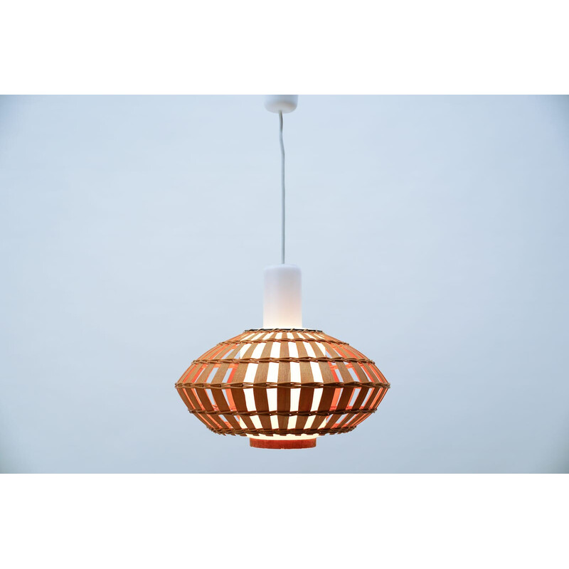 Vintage opaline glass and wicker pendant lamp, 1960s