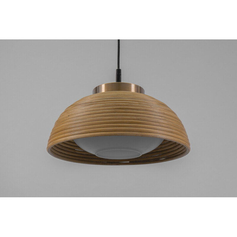 Mid-century pendant lamp in rattan, glass and copper, 1960s