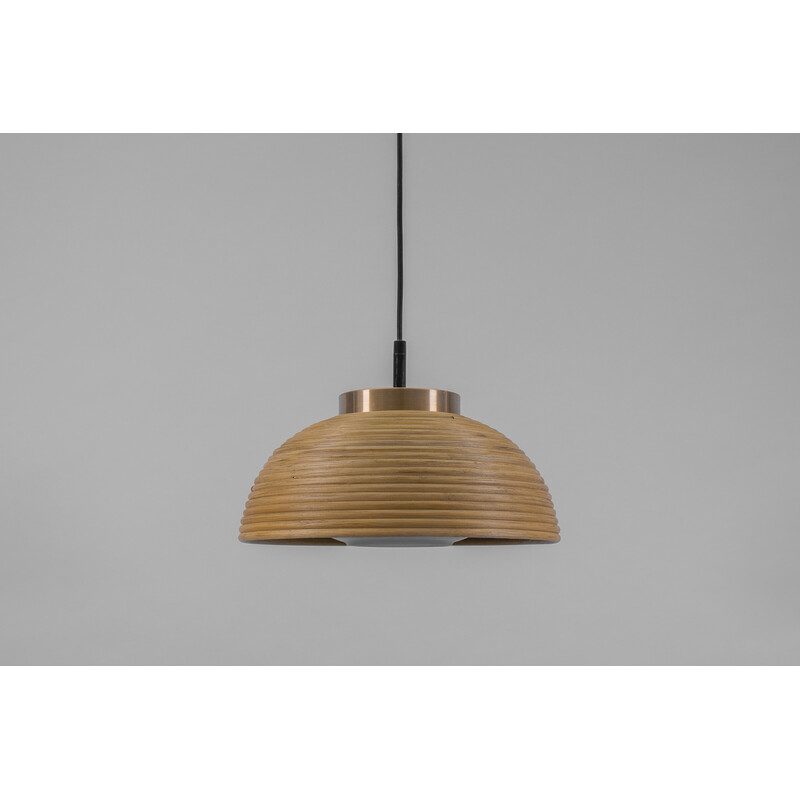 Mid-century pendant lamp in rattan, glass and copper, 1960s