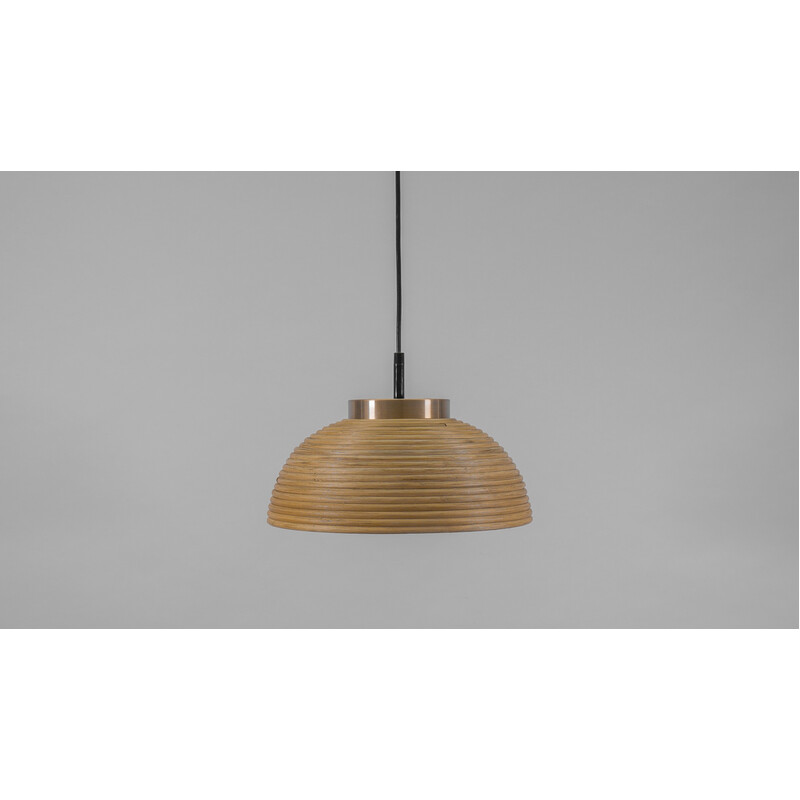 Mid-century pendant lamp in rattan, glass and copper, 1960s