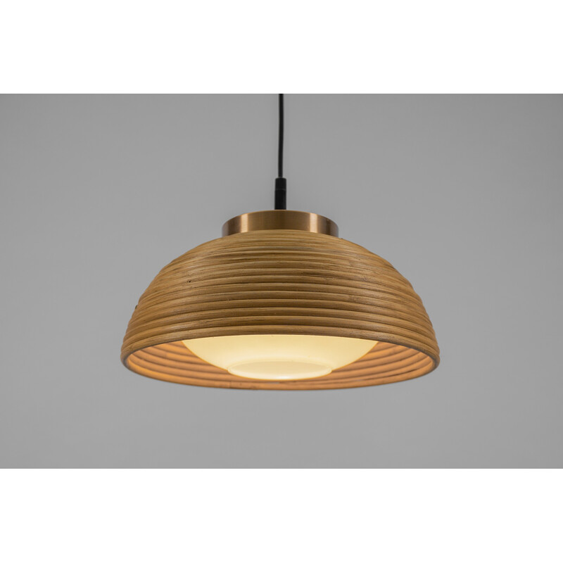 Mid-century pendant lamp in rattan, glass and copper, 1960s