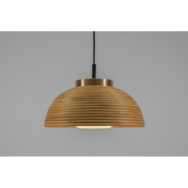 Mid-century pendant lamp in rattan, glass and copper, 1960s