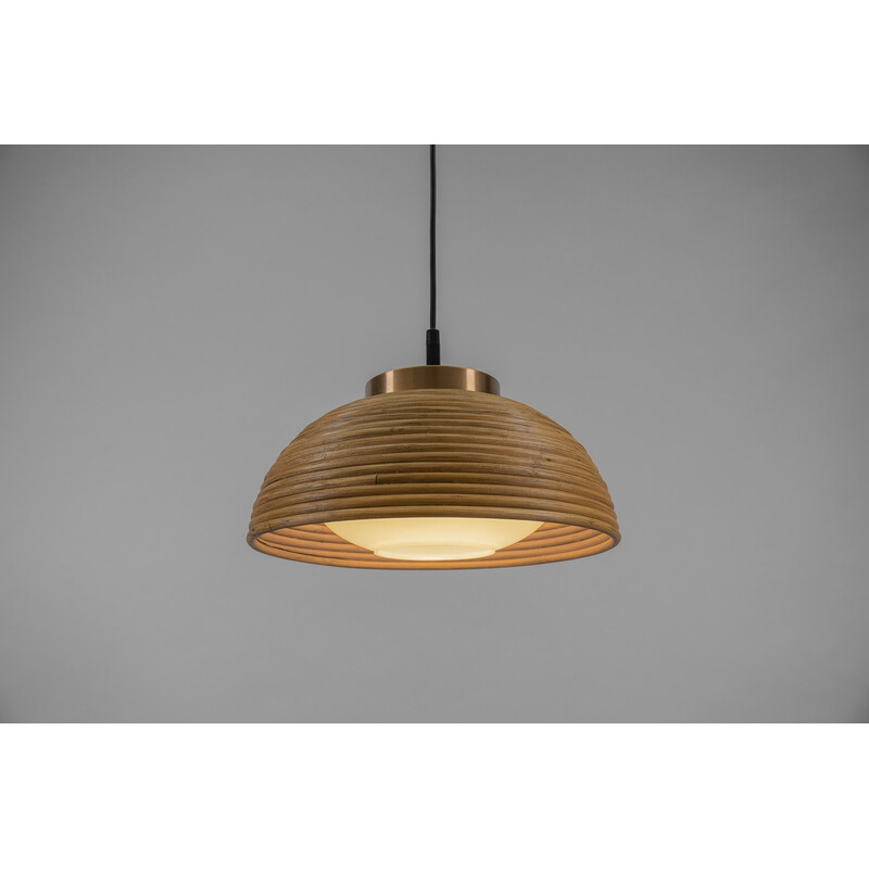 Mid-century pendant lamp in rattan, glass and copper, 1960s