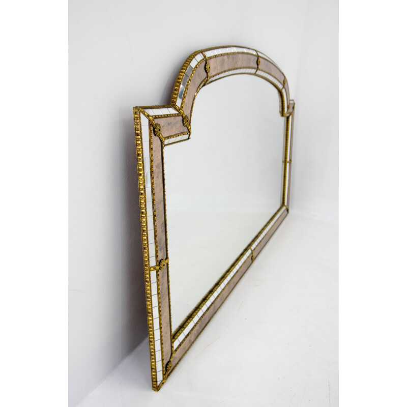 Vintage multi-facets mirror with brass garlands, France 1970s