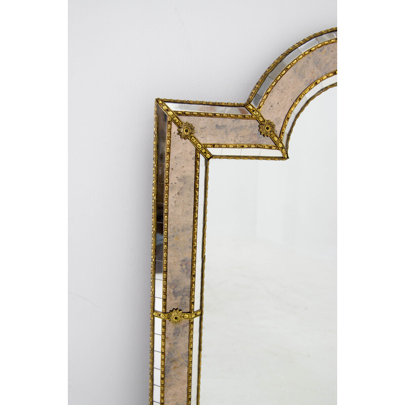 Vintage multi-facets mirror with brass garlands, France 1970s